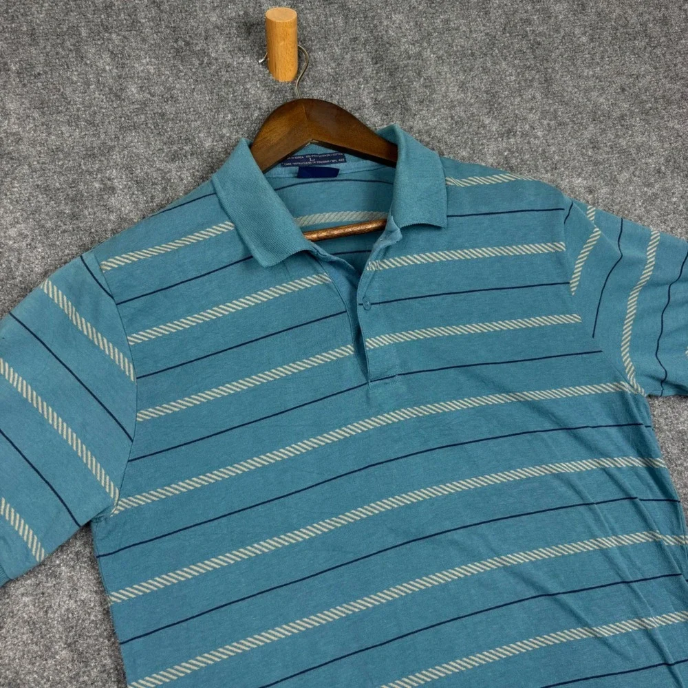 Vintage Levis Polo Shirt Mens Large Blue Striped Short Sleeve Knit Top Korea